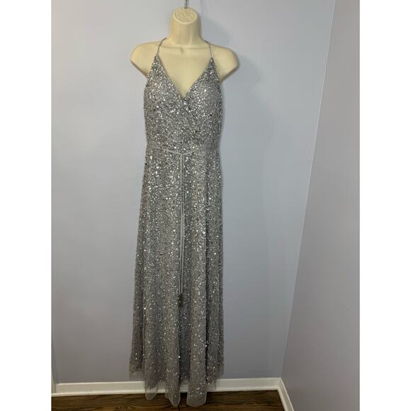 Adrianna Papell Platinum Sequin V Neck Evening Maxi Dress Mother Bride Womens 10 - Picture 1 of 13
